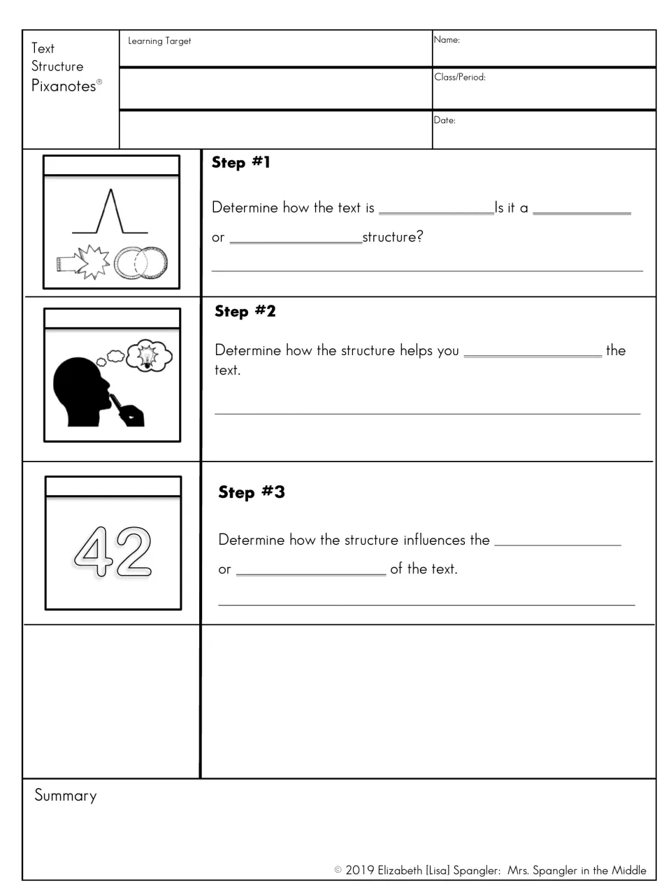 Text structure notes with pictures: students fill blanks in three steps on organization, understanding and meaning