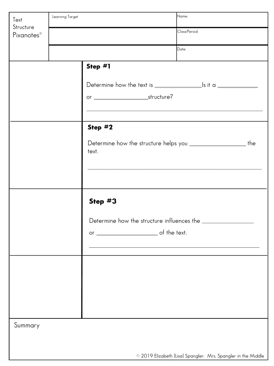 Text structure notes without pictures: students fill three steps of blanks, then match and glue a picture flap to each