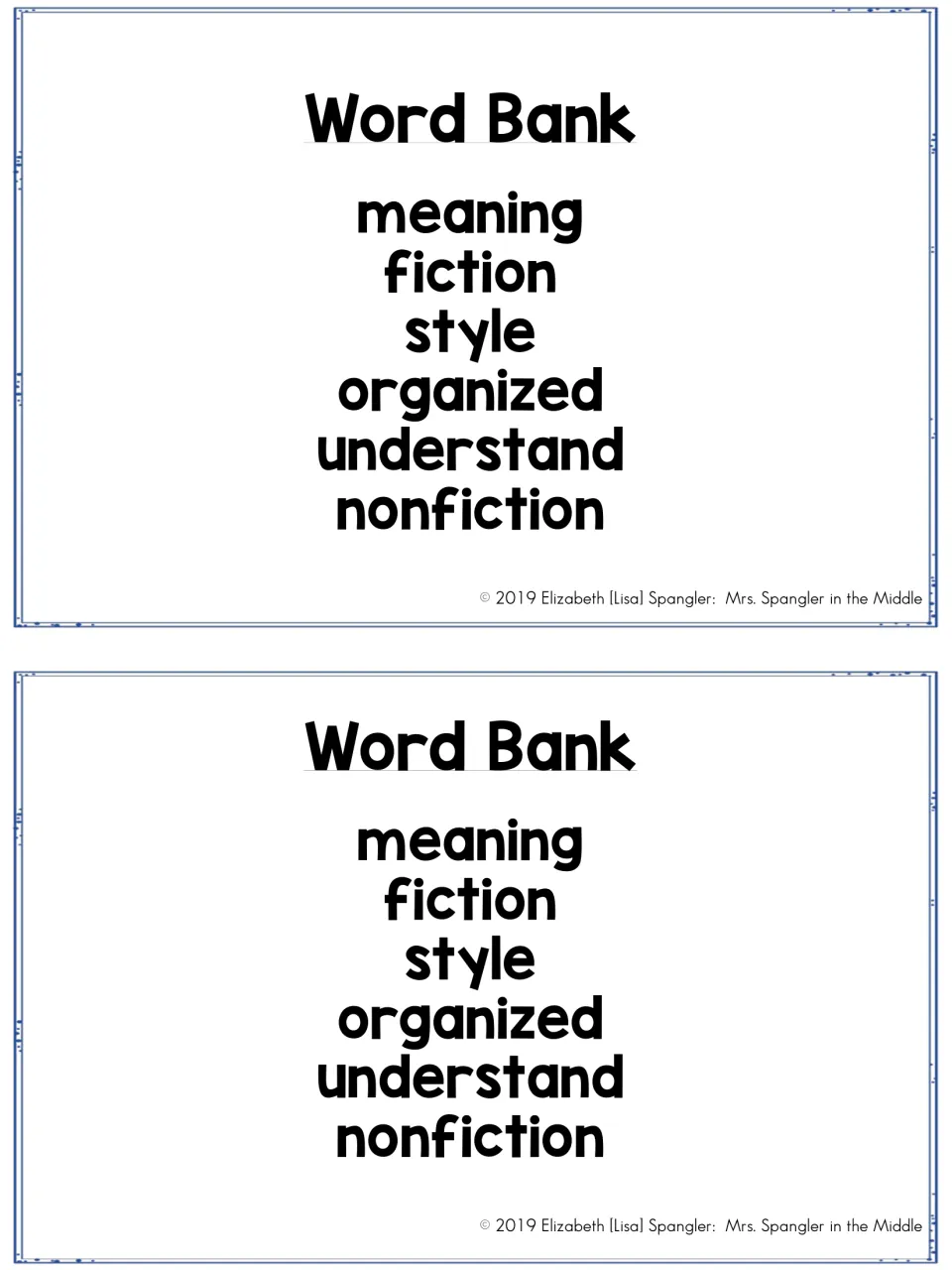 Word bank for text structure notes listing meaning, fiction, style, organized, understand and nonfiction, printed twice