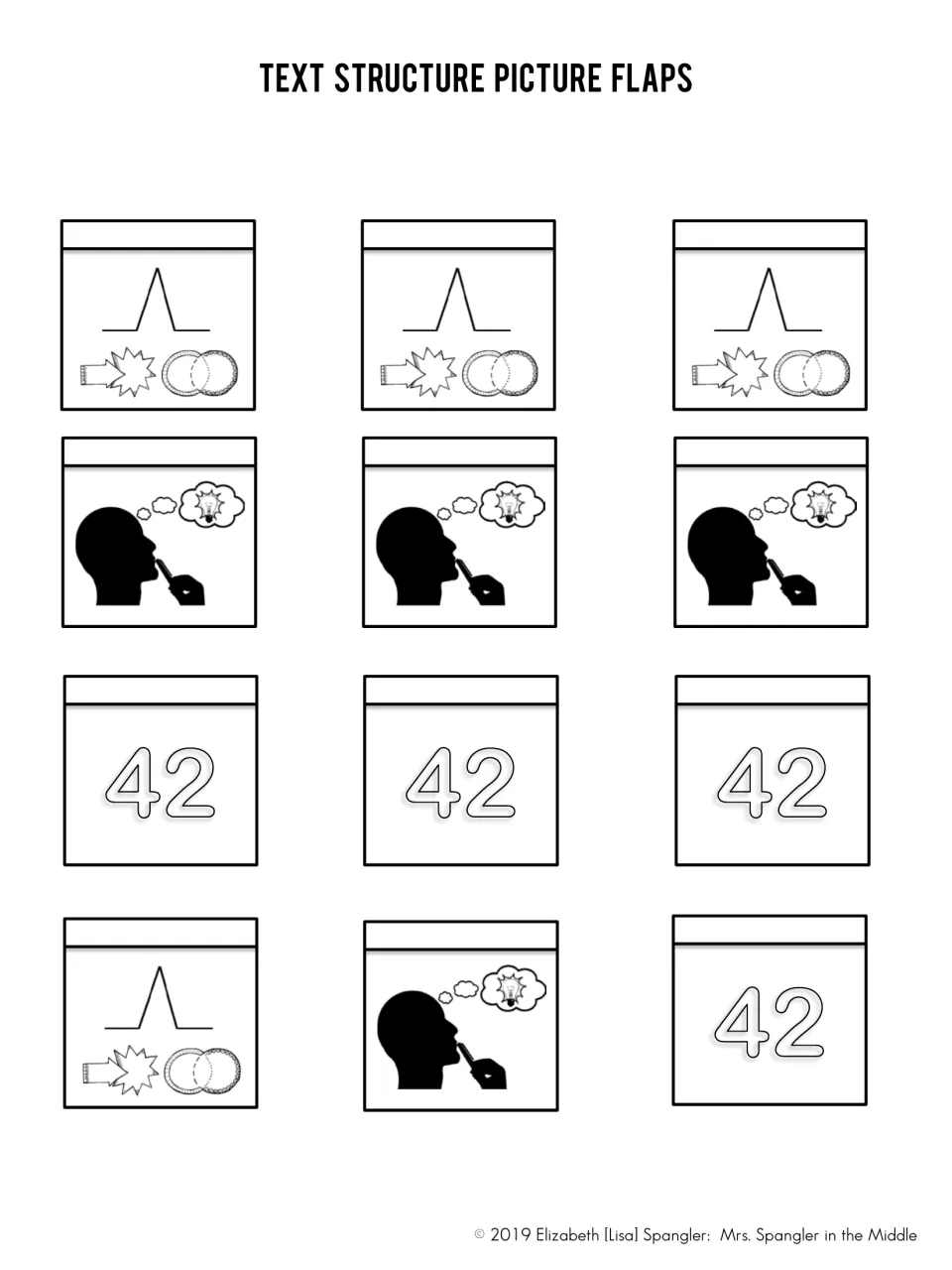 Text structure picture flaps to cut out: plot mountain with nonfiction icons, a thinking figure and the number 42