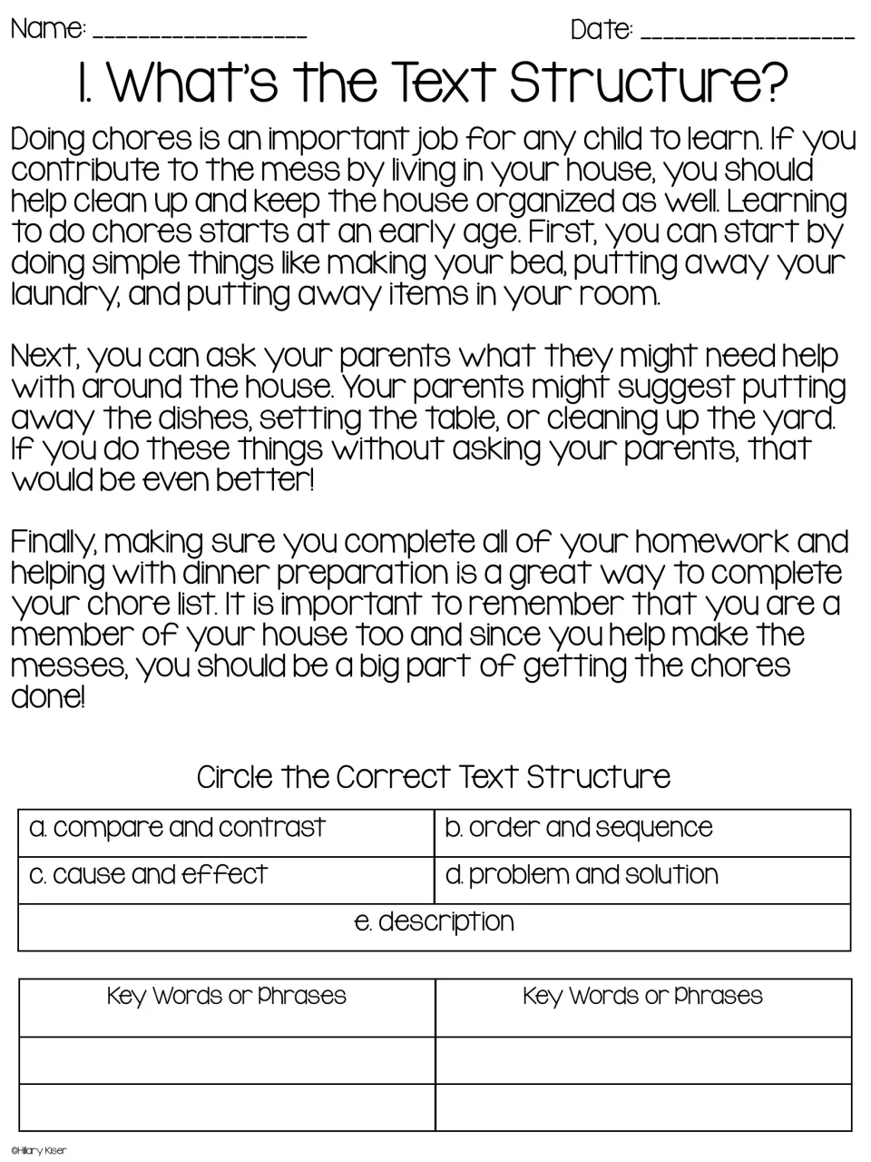 Passage 1 about learning to do chores: students circle the text structure and list key words or phrases from the text