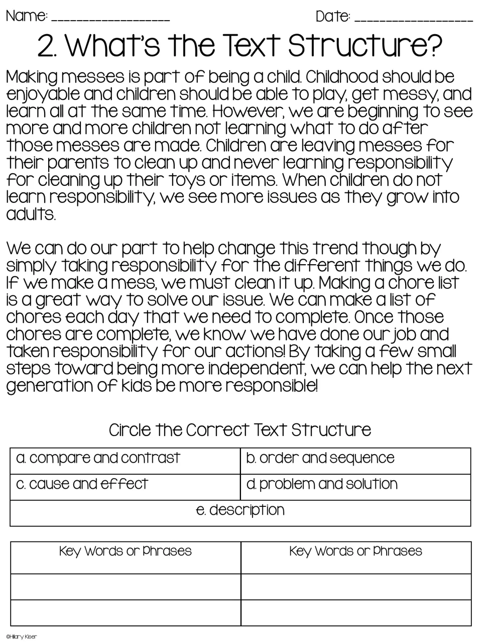 Passage 2 on children leaving messes for parents to clean: students circle its text structure and record the key words
