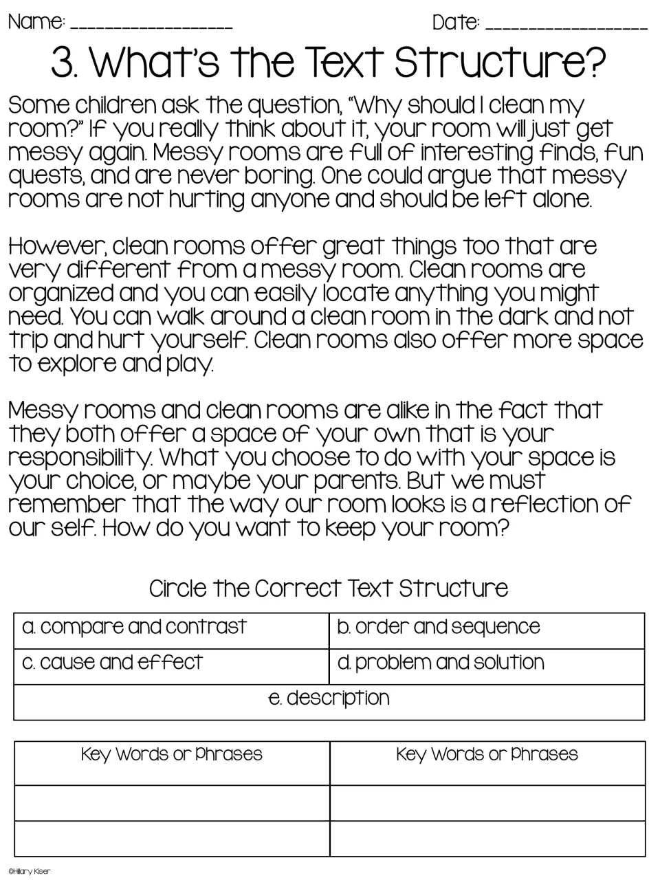 Passage 3 on messy rooms and clean rooms: students identify the text structure and note the signal words they find