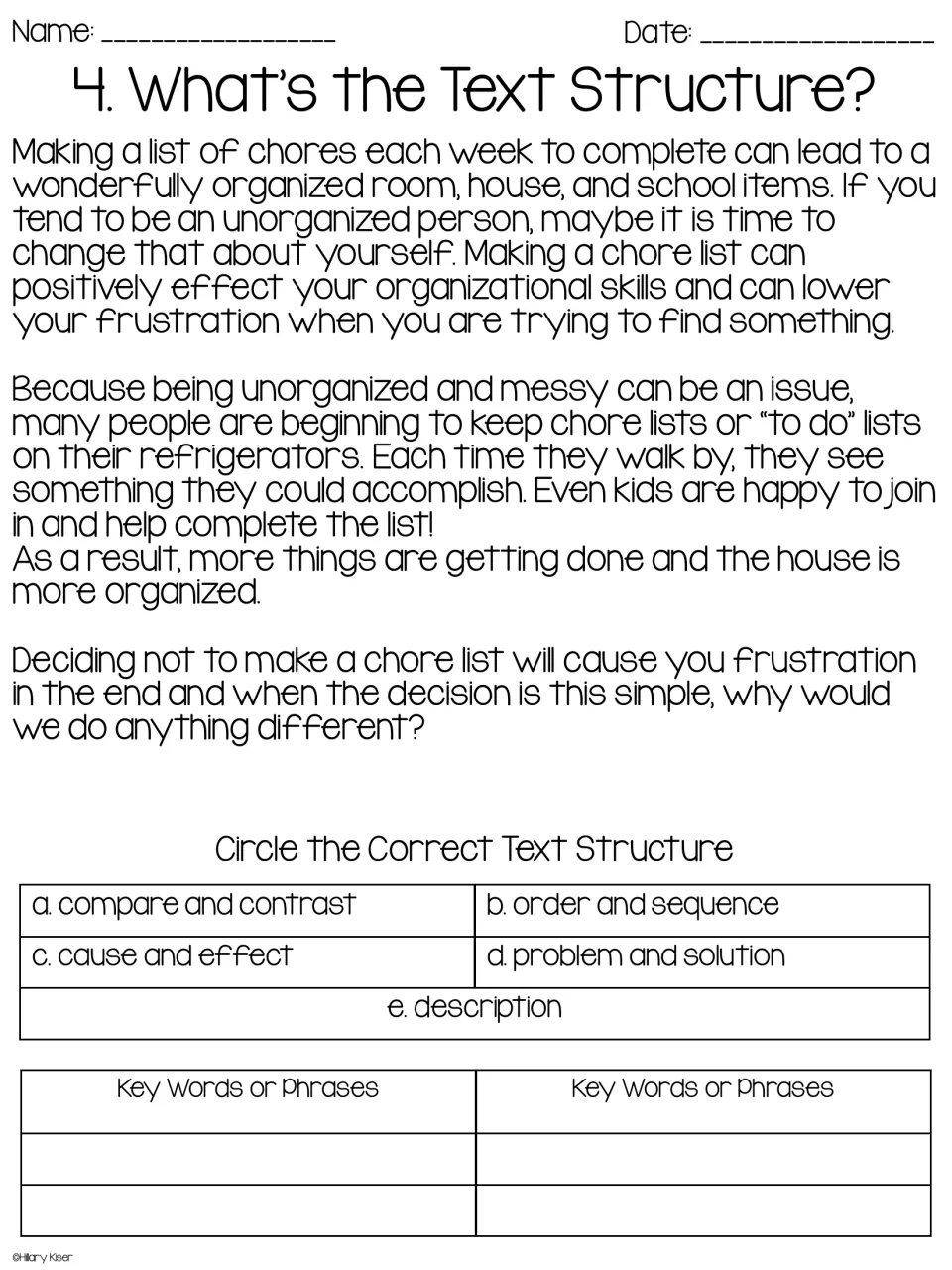 Passage 4 on keeping chore lists to stay organized: students choose the text structure and write supporting key phrases
