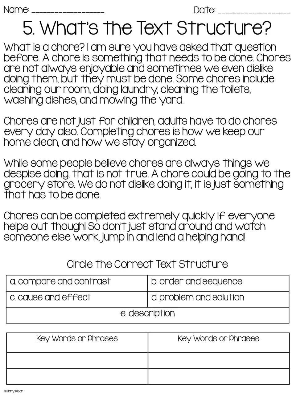 Passage 5 defining what a chore is: students pick one of five text structures and jot down the clue words in the passage