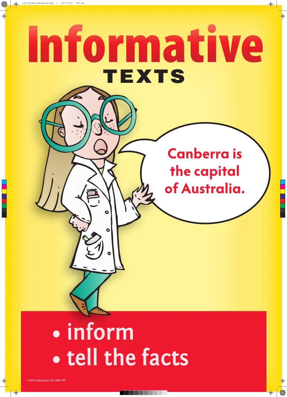 Informative text poster: 'Canberra is the capital of Australia,' with the purposes 'inform' and 'tell the facts'.