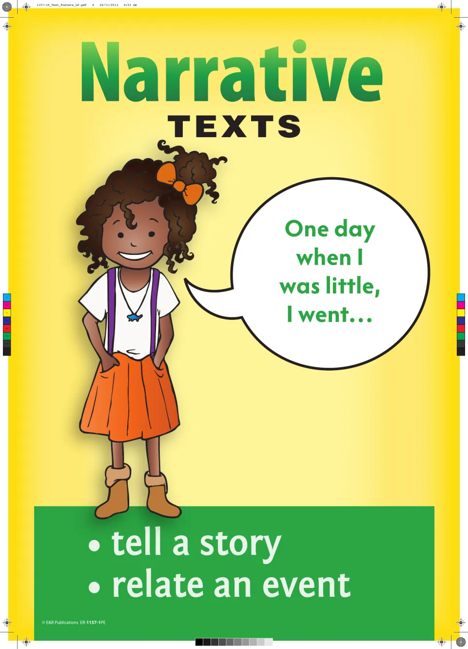 Narrative text poster: 'One day when I was little, I went...' with 'tell a story' and 'relate an event'.