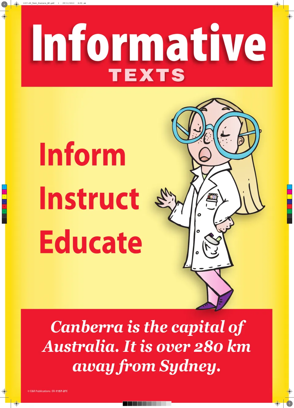 Informative texts poster: purposes inform, instruct, educate, with a Canberra fact as the example and a girl in a lab coat