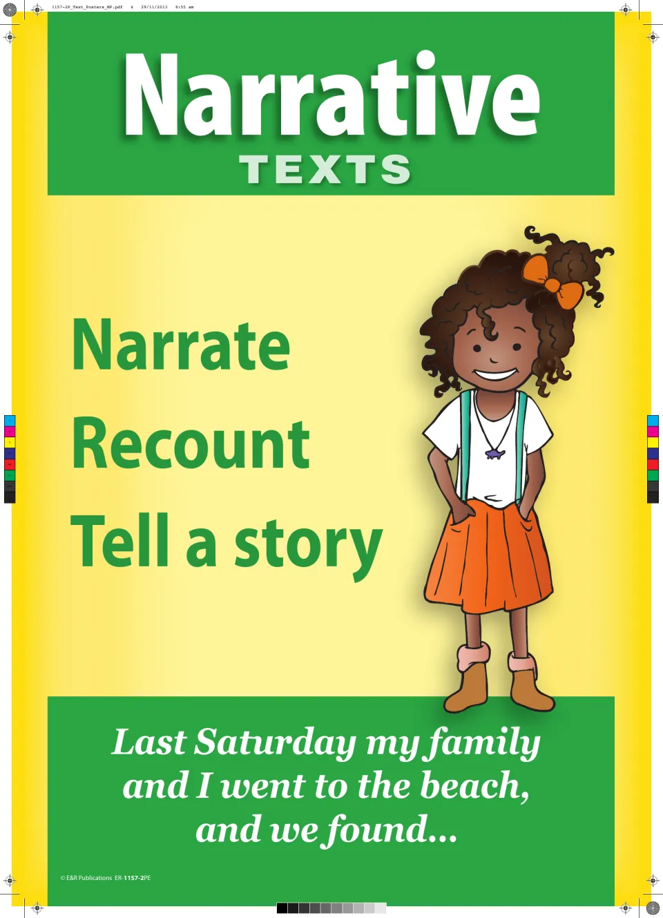 Narrative texts poster: purposes narrate, recount, tell a story, with a beach-trip recount opener and a smiling girl