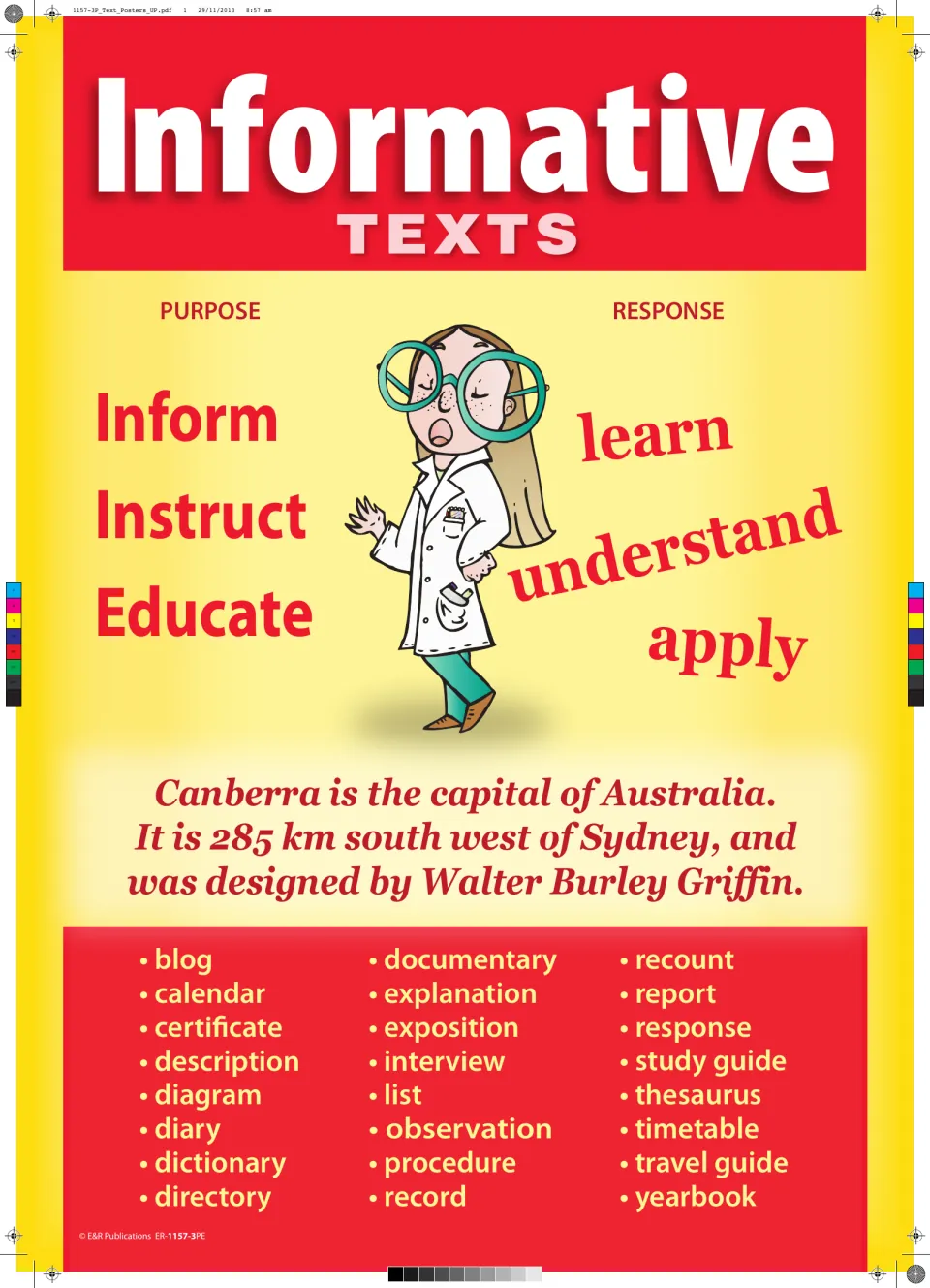 Informative texts poster: purpose inform, instruct, educate; response learn, understand, apply; Canberra example and forms