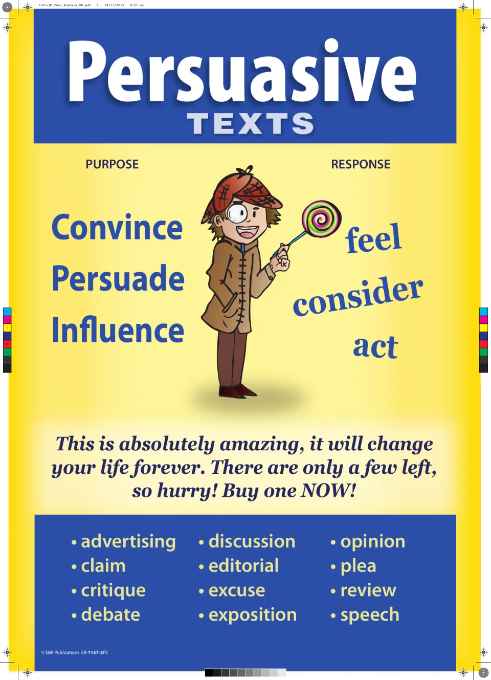 Persuasive texts poster: purpose convince, persuade, influence; response feel, consider, act; sample ad and text forms