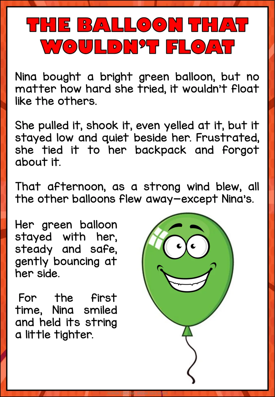 Story passage about Nina’s green balloon, which will not float but stays beside her when other balloons fly away.