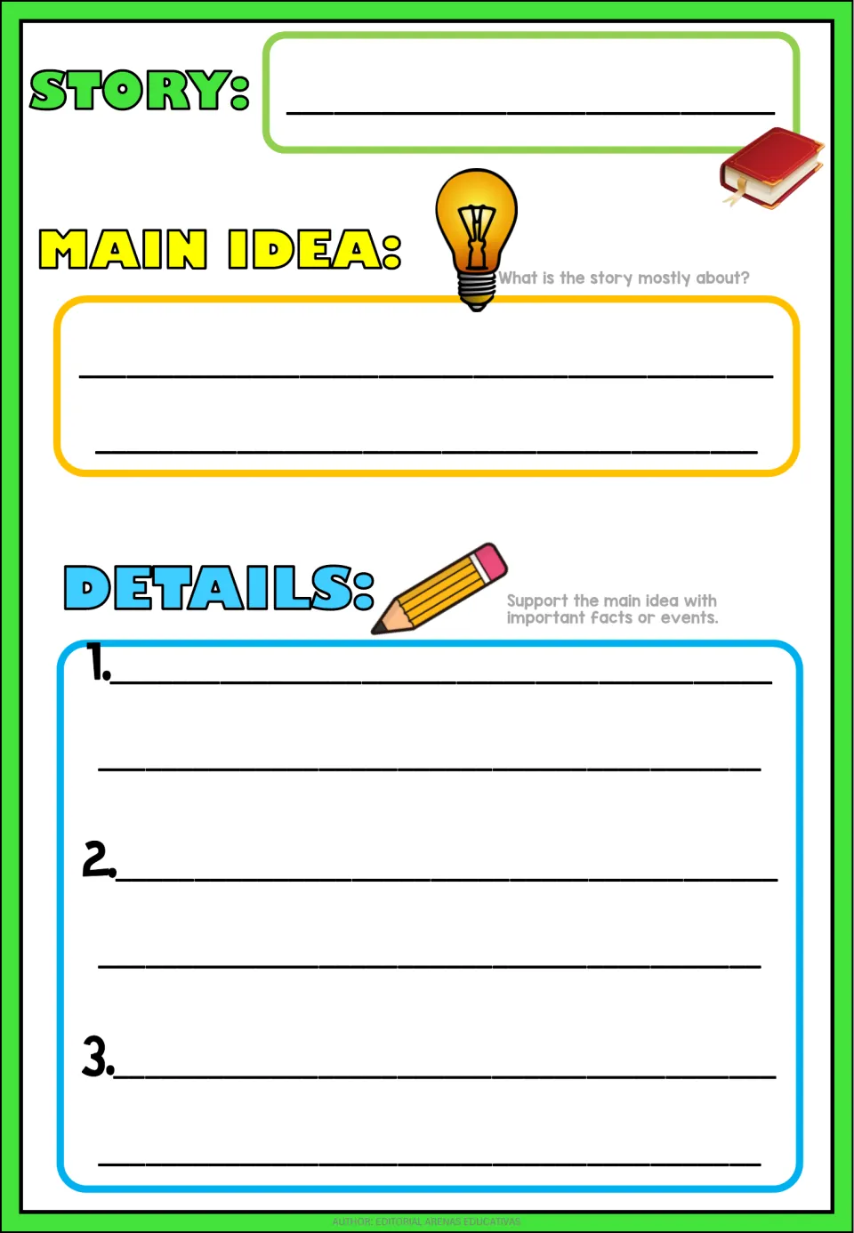 Main idea anchor chart prompts students to name the story, state its main idea, and add three supporting details.