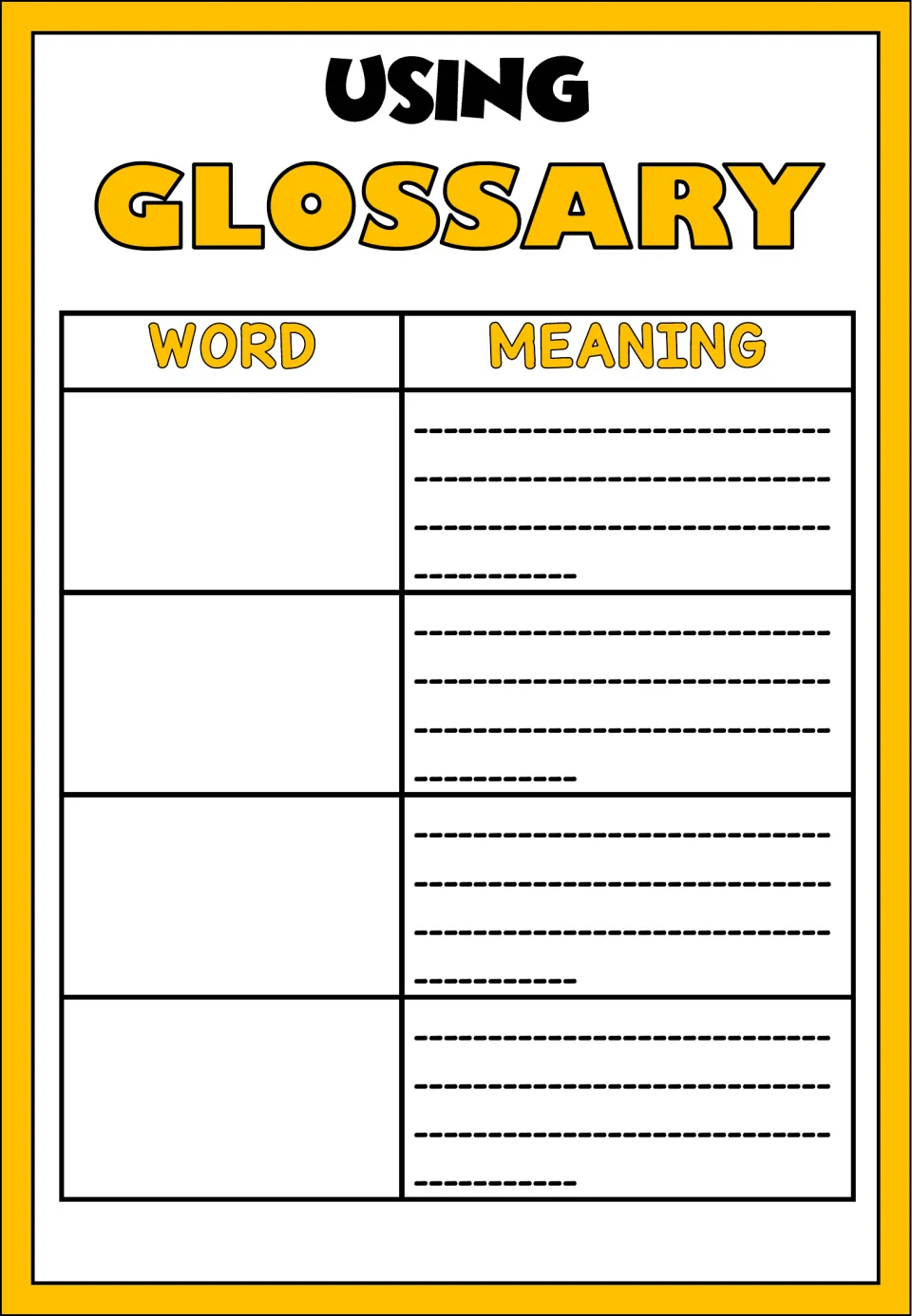 Using Glossary anchor chart provides space to record four words and their meanings from the reading.