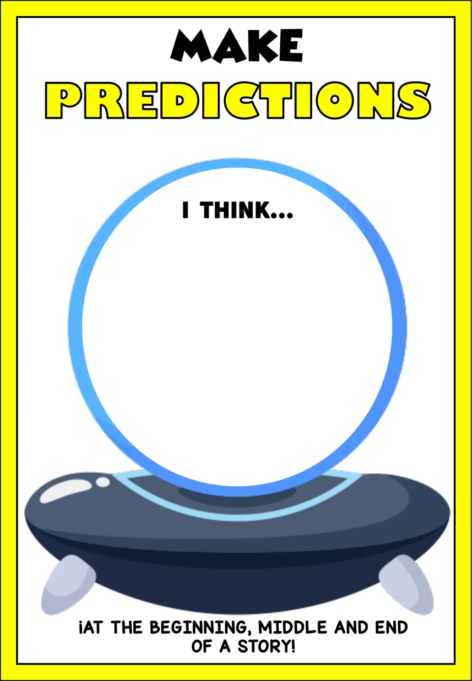 Make Predictions anchor chart uses “I think...” to prompt predictions at the beginning, middle, and end of a story.