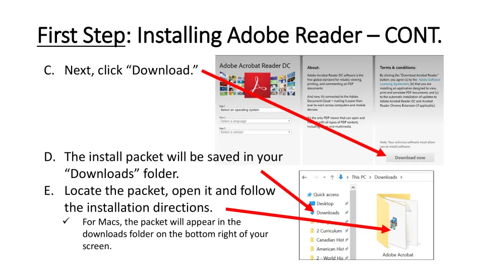 Step 1 continued: click Download, find the install packet in the Downloads folder, open it and follow the install directions