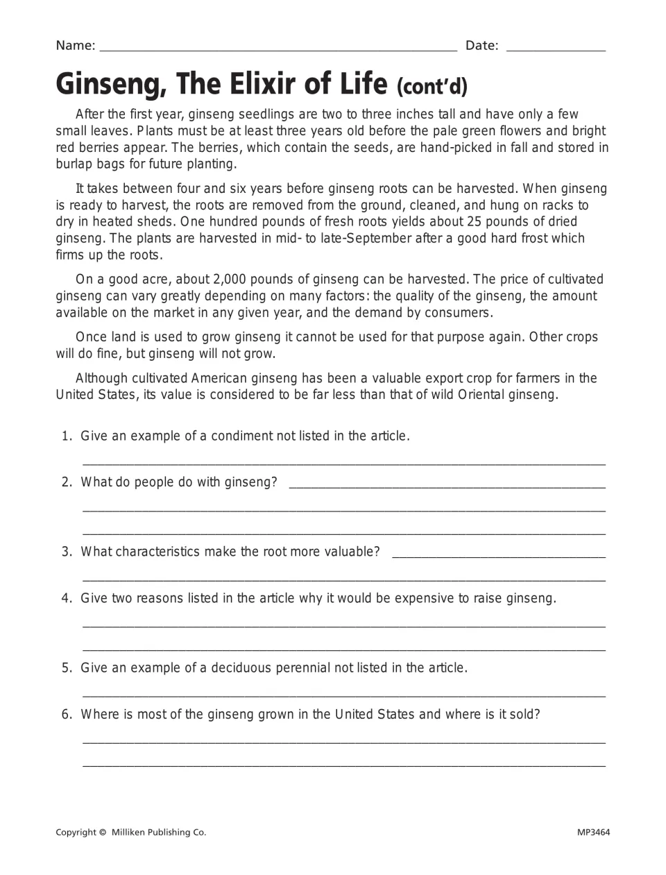 Ginseng article continued: students answer six text-based questions on its uses, root value, cost and where it grows