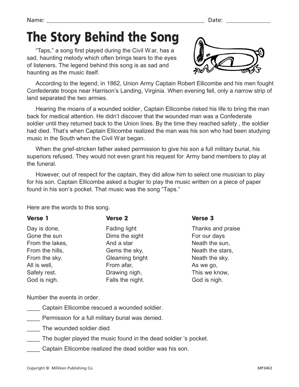 Story behind the song Taps: students read the Civil War legend and verses, then number five events in sequence