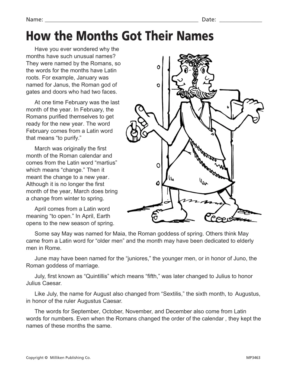 How the Months Got Their Names: students read how each month's name comes from Latin roots and Roman gods or rulers