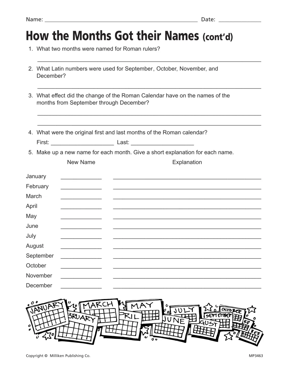 Months article questions: students recall Roman rulers and Latin numbers, then invent and explain a new name per month