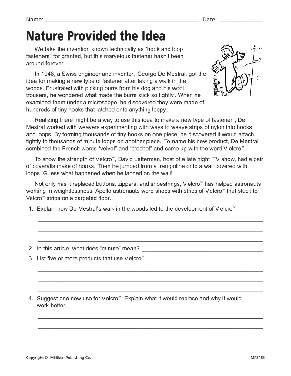 Nature Provided the Idea: students read how burrs inspired Velcro, define minute in context and suggest a new use