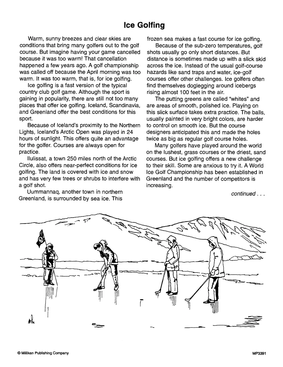Ice Golfing passage, part 1: students read about ice golf in Iceland and Greenland, shown with golfers on sea ice