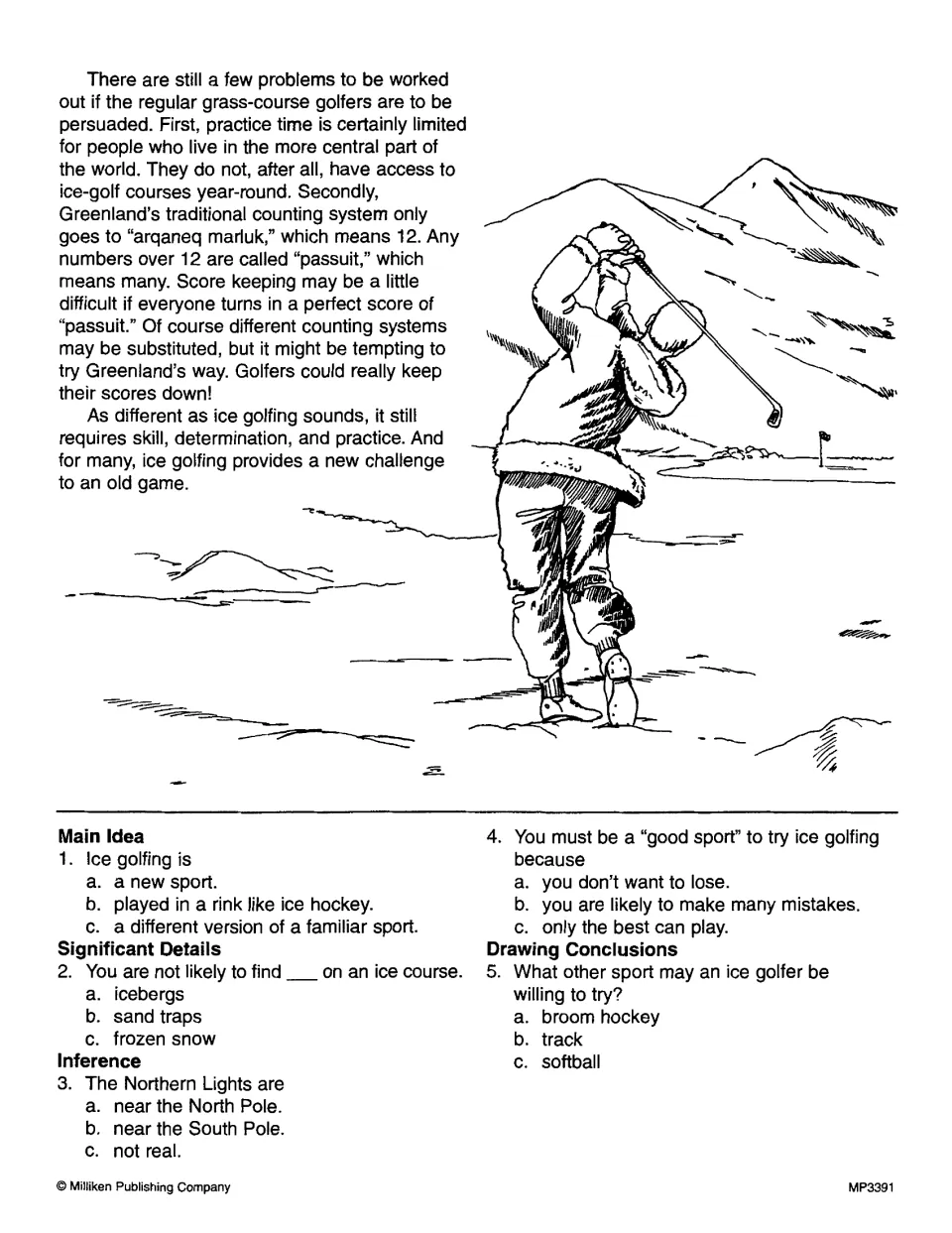 Ice Golfing passage ends; students answer 5 multiple-choice items on main idea, details, inference and drawing conclusions