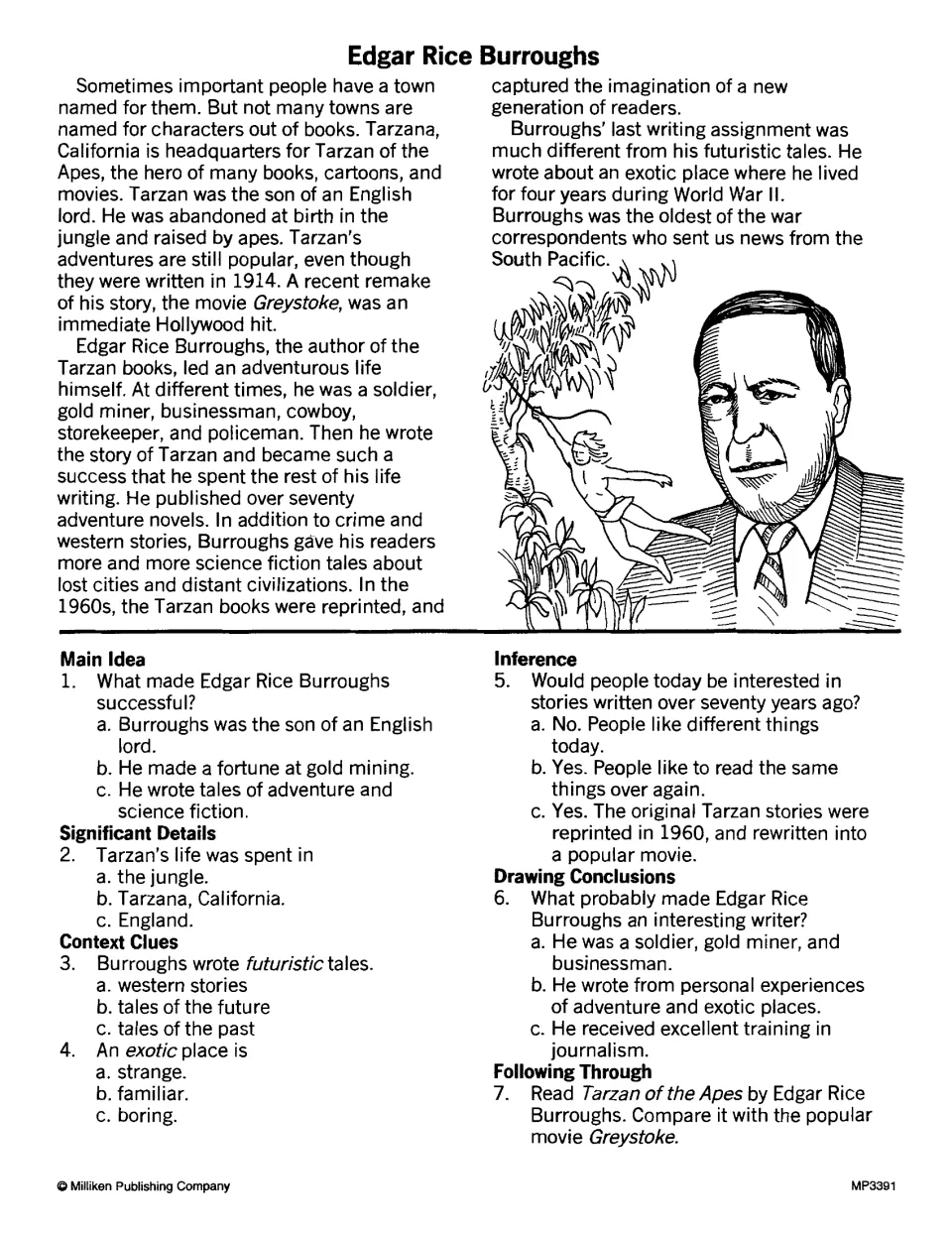Edgar Rice Burroughs biography: students read about the Tarzan author, answer 6 choice items, then compare book and film