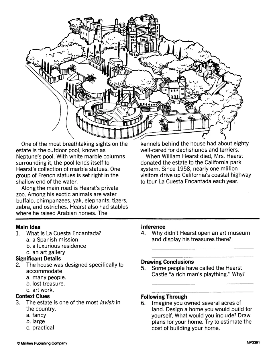 Hearst Castle passage ends with Neptune's pool and zoo; students answer choice and written questions, then design a home