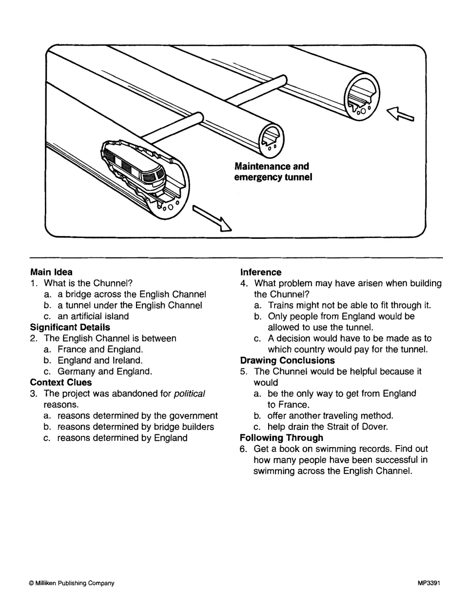 Chunnel questions: students answer 5 multiple-choice items on main idea, details and inference, beside a tunnel diagram