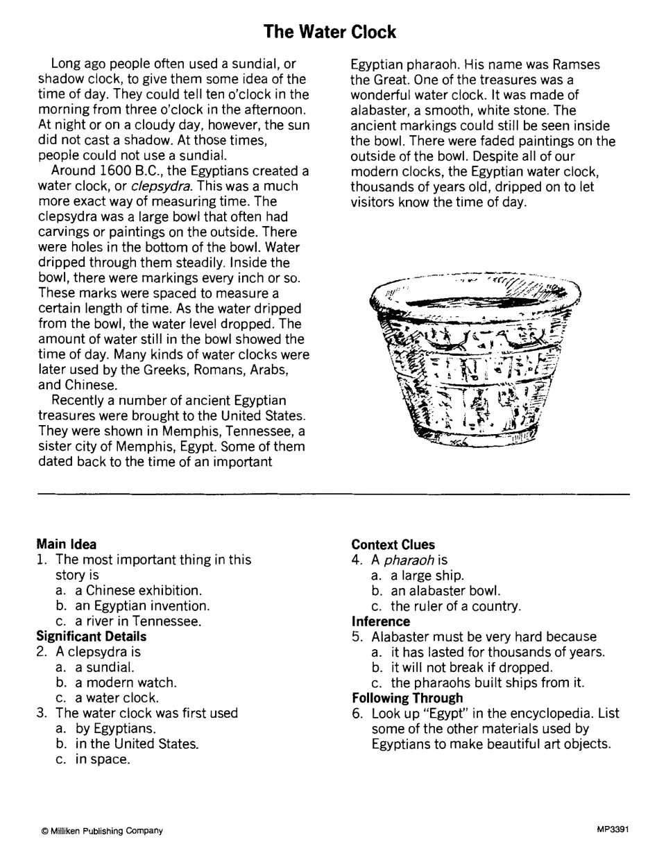 The Water Clock passage on the Egyptian clepsydra; students answer 5 choice items and research Egyptian art materials