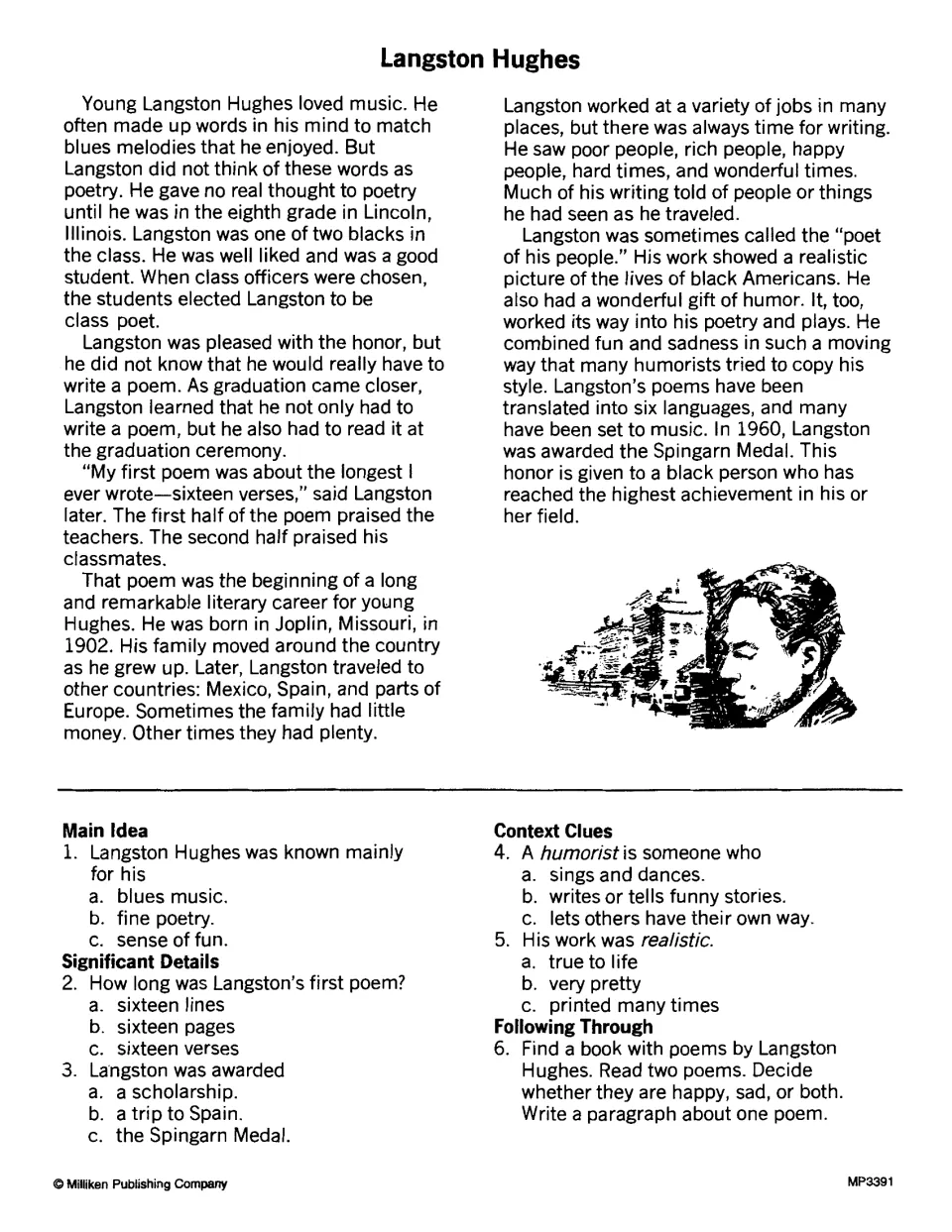 Langston Hughes biography: students read and answer 5 choice items on main idea, details and context clues