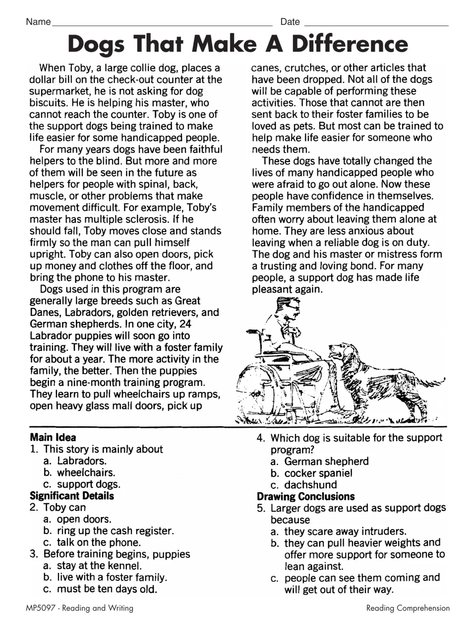 Dogs That Make A Difference: students read about support dogs, then answer main idea, detail and conclusion questions