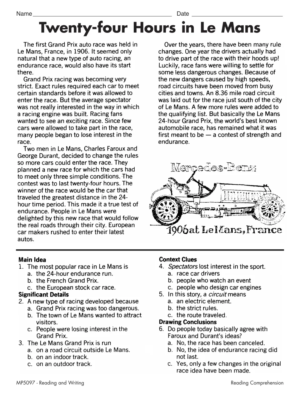 Twenty-four Hours in Le Mans: a passage on the endurance auto race with main idea, context clue and conclusion questions