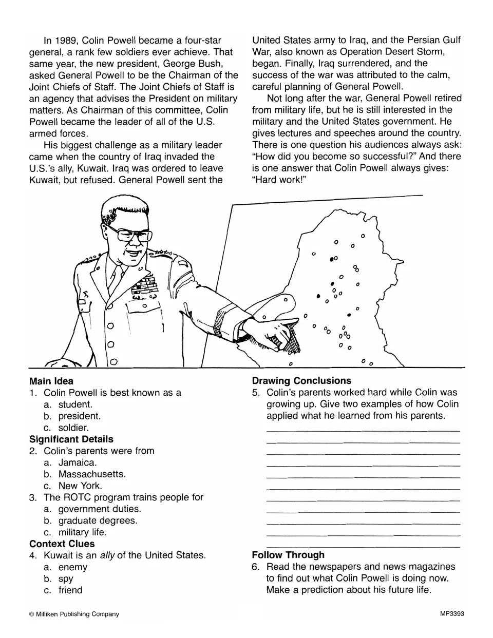Colin Powell biography, part two: Desert Storm and retirement, then main idea, context clue and follow-through questions