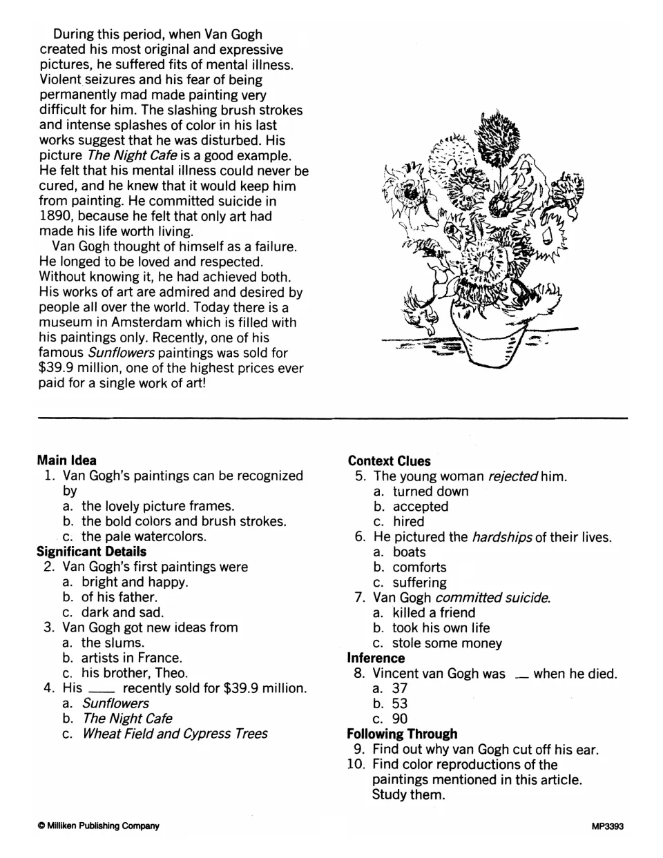 Van Gogh biography ends with 10 questions on main idea, details, context clues for words like rejected, and inference