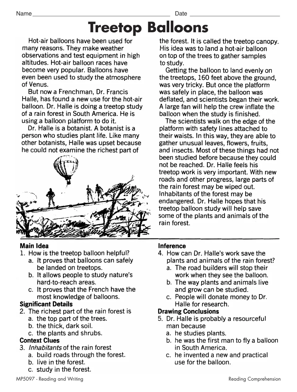Treetop Balloons: students read about a botanist studying rain forest canopy by balloon and answer inference questions