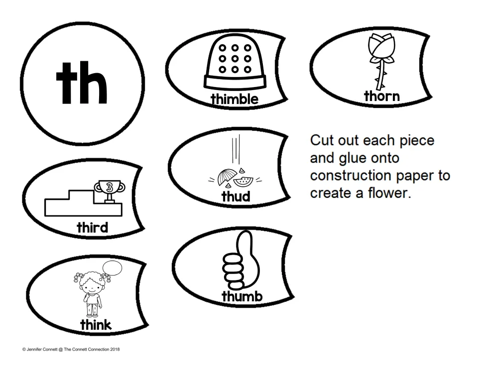 Initial th words: students cut out a th center and labeled petals for thimble, thorn, thud, third, think and thumb
