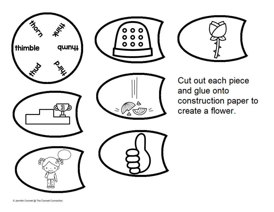 Matching initial th words: students cut out picture-only petals and a center wheel of words like thorn, think and thumb