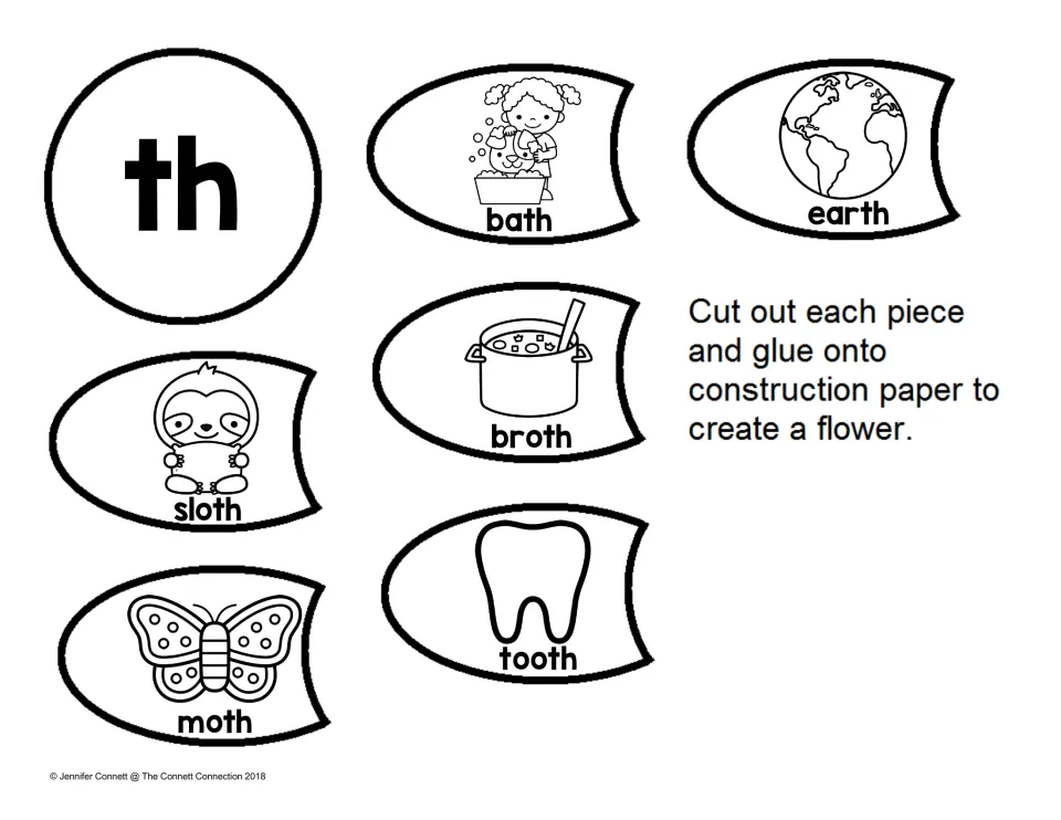 Final th words: students cut out a th center and labeled petals for bath, earth, broth, sloth, tooth and moth