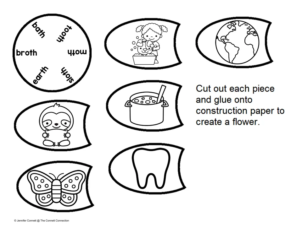 Matching final th words: students cut out picture-only petals and a center wheel of words like bath, tooth and moth