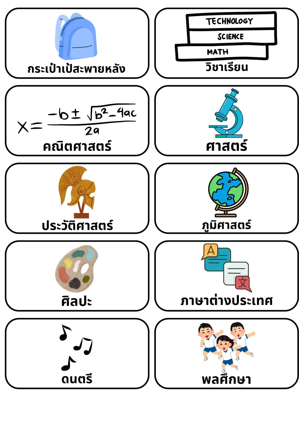 Thai school subjects: picture cards for math, science, history, geography, art, languages, music, PE, plus backpack