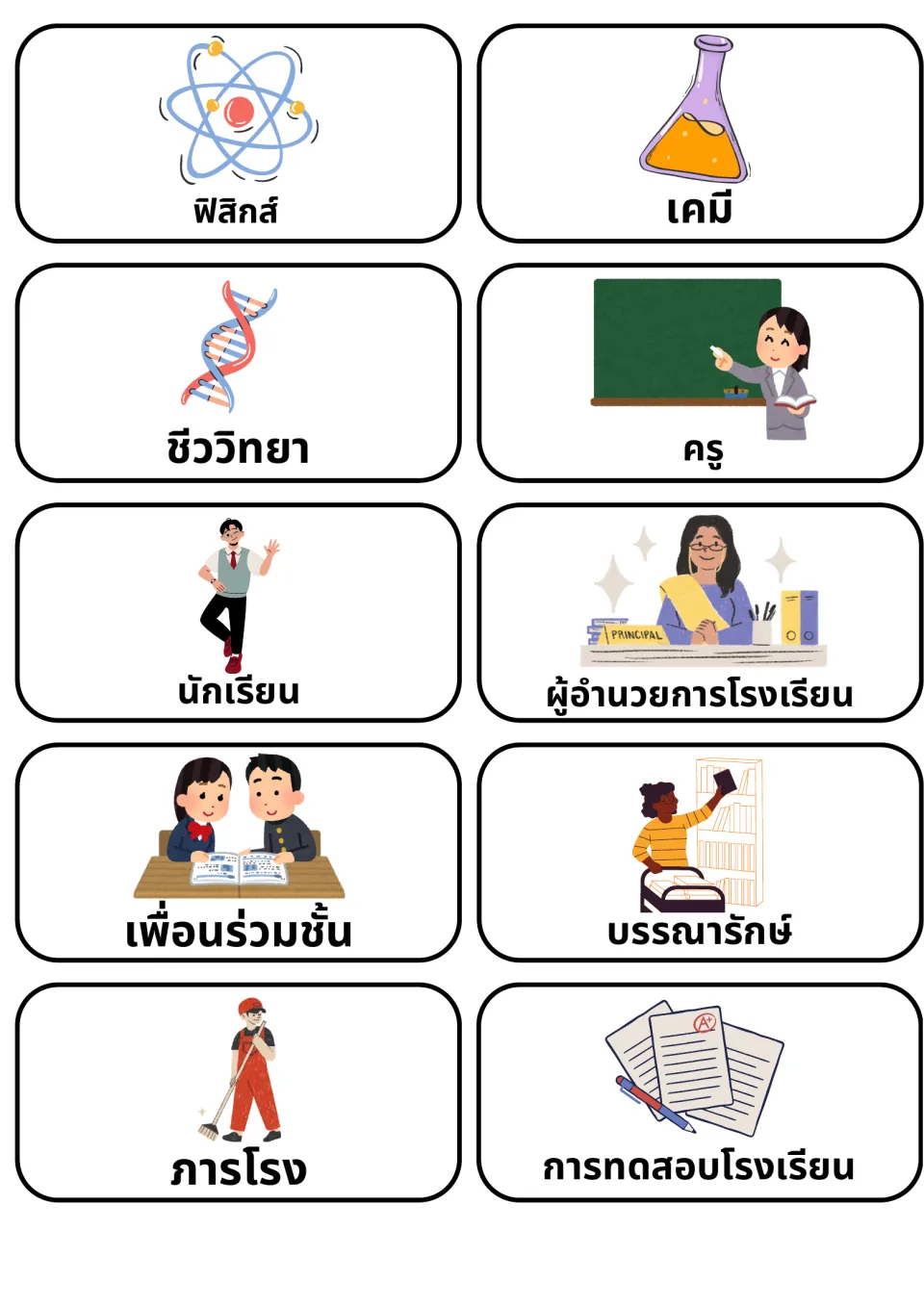 Thai school people and sciences: cards for physics, chemistry, biology, teacher, student, principal, librarian, janitor
