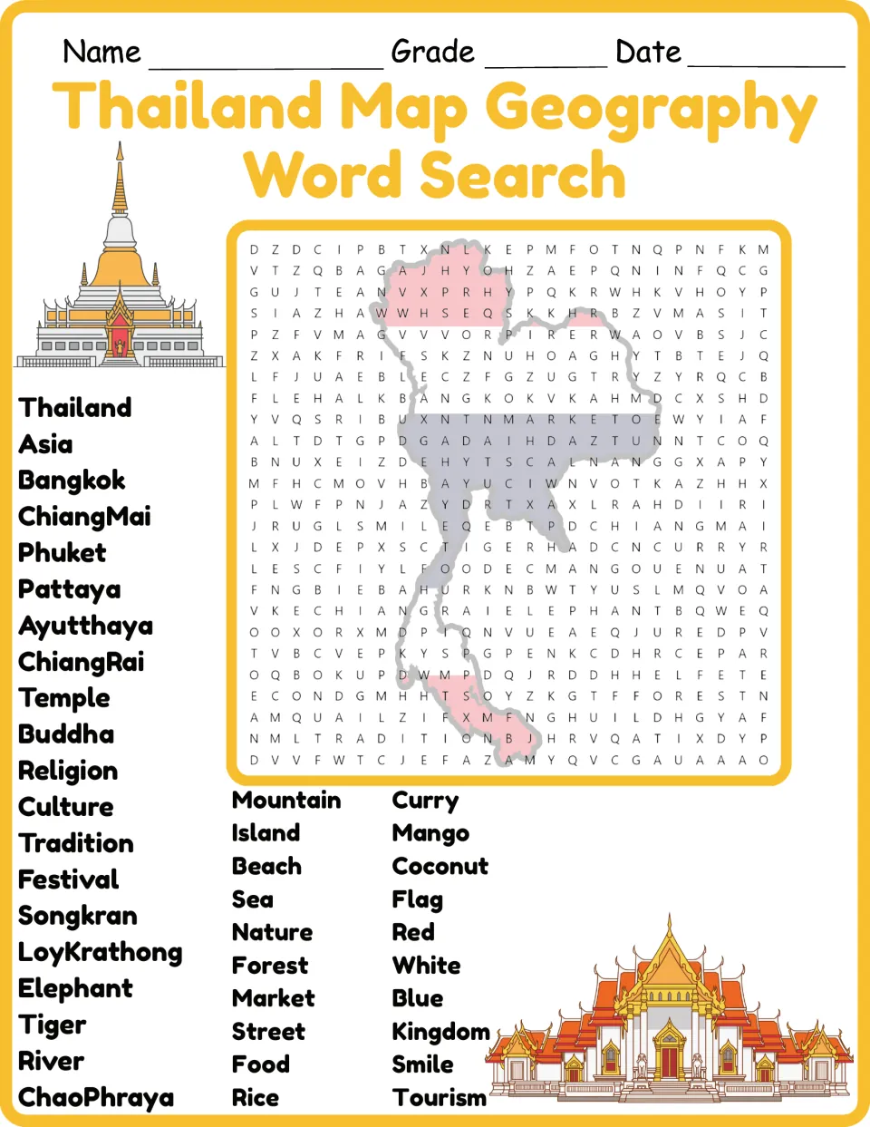 Thailand map word search: students find places, culture and food words like Bangkok, Songkran and Curry in the color grid