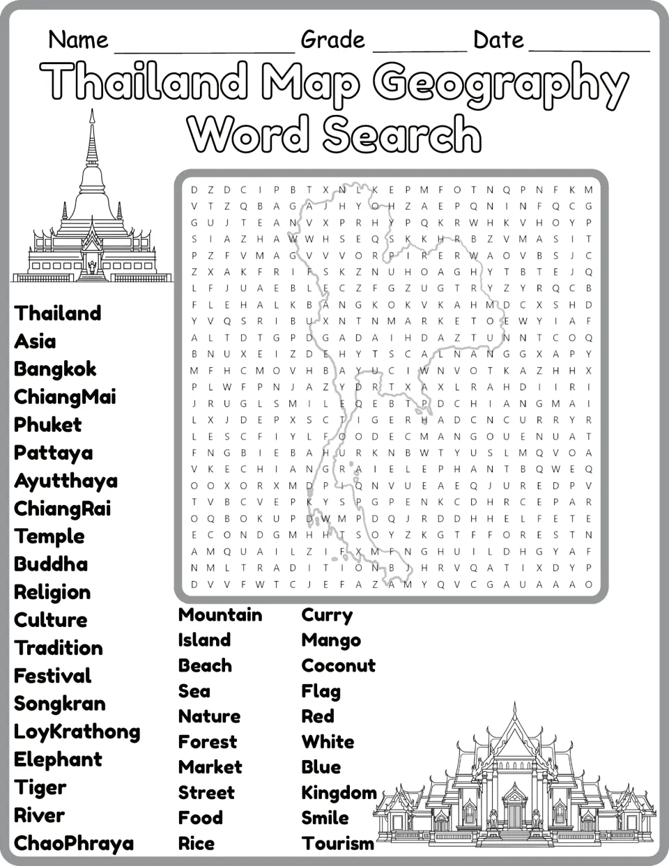 Thailand map word search in black and white: students hunt for place, culture and food words in the letter grid