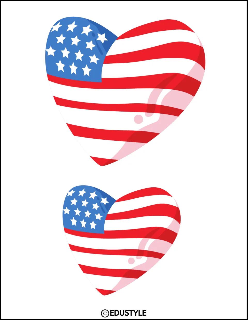 Patriotic decoration: two American flag hearts, one large and one smaller, stars at upper left, for cutting out