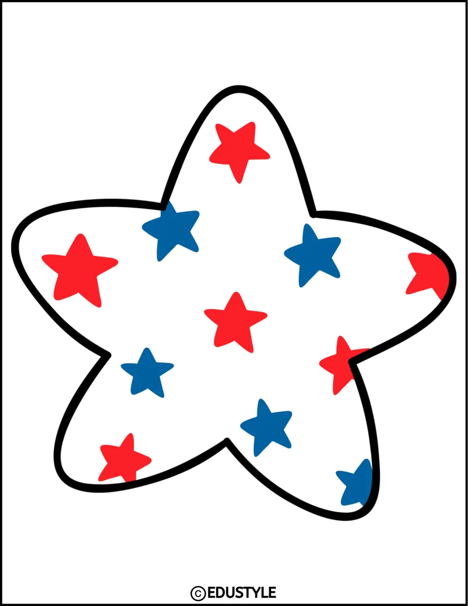 Patriotic decoration: a large outlined star filled with scattered red and blue stars, printed for cutting out