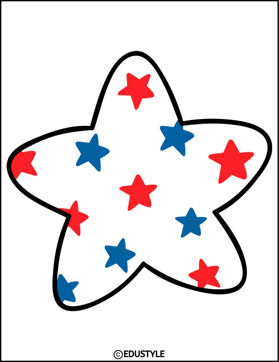 Patriotic decoration: an outlined star tilted the other way, filled with red and blue stars in a different scatter