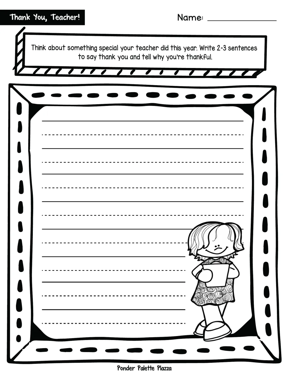 Thank You, Teacher! prompt: students write 2-3 sentences thanking their teacher for something special from this year
