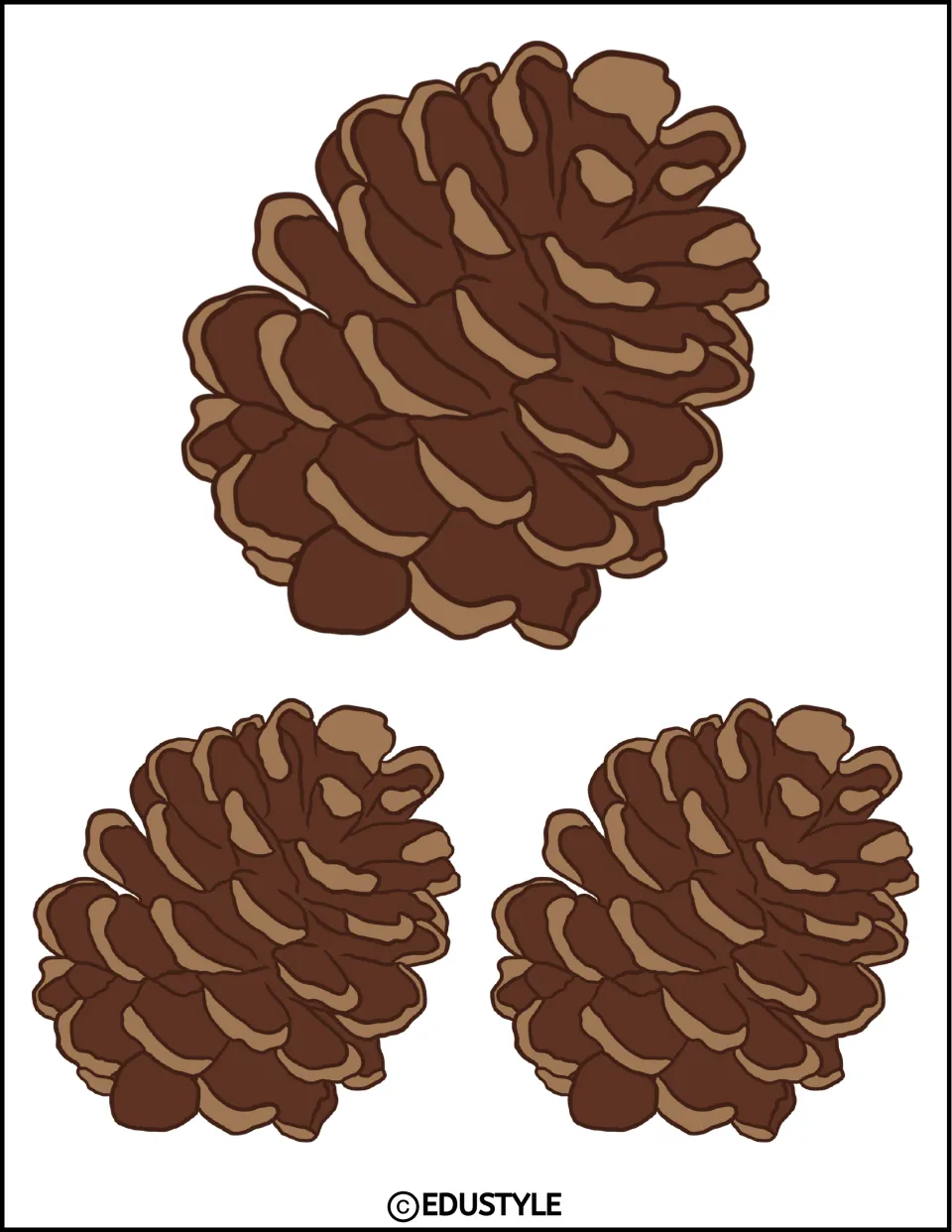 Fall decoration: three right-facing brown pine cones, one large above two smaller ones, to cut out for the autumn board